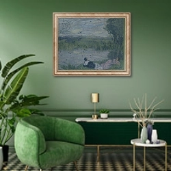 «Swallows 2» в интерьере гостиной в зеленых тонах