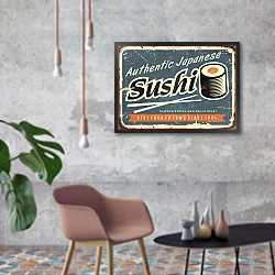 «Суши, ретро вывеска для японского ресторана» в интерьере в стиле лофт с бетонной стеной