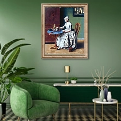 «Леди, наливающая шоколад» в интерьере гостиной в зеленых тонах