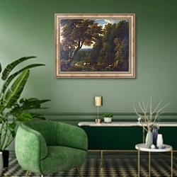 «Стадо в лесном пейзаже» в интерьере гостиной в зеленых тонах