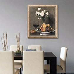 «Still life with roses, fruit and a glass of wine, 1872» в интерьере современной кухни над столом