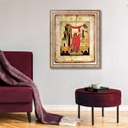 «Icon depicting the meeting at the Golden Gate, Novgorod School» в интерьере гостиной в бордовых тонах