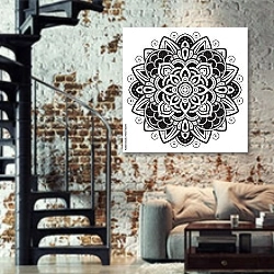 «Черно-белая мандала» в интерьере двухярусной гостиной в стиле лофт с кирпичной стеной