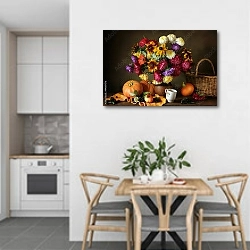 «Натюрморт с цветами и фруктами 1» в интерьере кухни в светлых тонах над обеденным столом