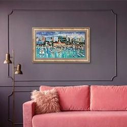 «  Панорама Сочи. Архитектурный пейзаж любимого города» в интерьере гостиной с розовым диваном