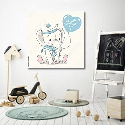 «Милый слоненок в матросском костюме» в интерьере детской комнаты для мальчика с самокатом