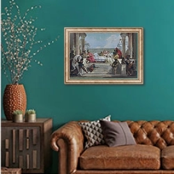 «Банкет Клеопатры» в интерьере гостиной с зеленой стеной над диваном