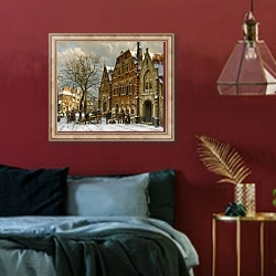 «Winter Street Scene, Oudewater» в интерьере спальни с акцентной стеной