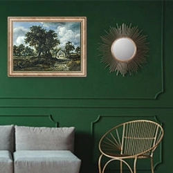 «Лесной пейзаж» в интерьере классической гостиной с зеленой стеной над диваном