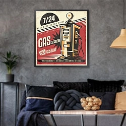 «Рекламный ретро плакат заправочной станции» в интерьере гостиной в стиле лофт в серых тонах