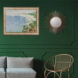 «A View of the Cliffs at Etretat» в интерьере классической гостиной с зеленой стеной над диваном