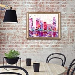 «Абстрактная живопись городских небоскребов» в интерьере кухни в стиле лофт с кирпичной стеной