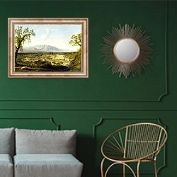 «Blick auf die Ruinen von Pompeji» в интерьере классической гостиной с зеленой стеной над диваном