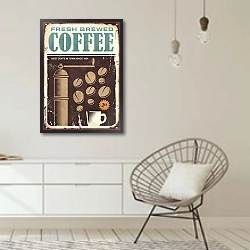 «Свежемолотый кофе, ретро плакат кофейни» в интерьере белой комнаты в скандинавском стиле над комодом