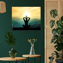 «Йога и медитация. Силуэт человека в горах» в интерьере в этническом стиле с зеленой стеной