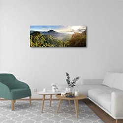«Панорама гор Батур и вулкана Агунг, Бали, Индонезия» в интерьере современной гостиной в светлых тонах