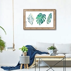 «Набор акварельных тропических листьев» в интерьере гостиной в скандинавском стиле над диваном
