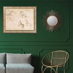 «Figure Drawings» в интерьере классической гостиной с зеленой стеной над диваном