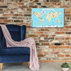 «Детская карта мира с животными №12» в интерьере в стиле лофт с кирпичной стеной и синим креслом