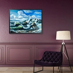 «Одинокое парусное судно в бушующем море» в интерьере в классическом стиле в фиолетовых тонах