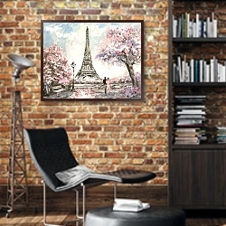 «Весенний Париж 1» в интерьере кабинета в стиле лофт с кирпичными стенами