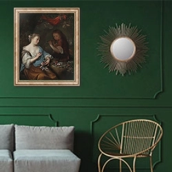 «Мальчик, играющий на флейте и девушка» в интерьере классической гостиной с зеленой стеной над диваном