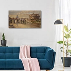 «A View Of The Tiber With Castel Sant Angelo And St. Peters» в интерьере современной гостиной над синим диваном