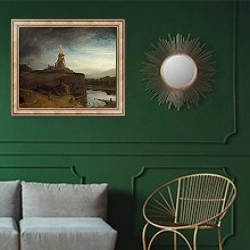 «The Mill, 1645- 48» в интерьере классической гостиной с зеленой стеной над диваном
