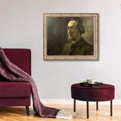 «Portrait of Erik Satie» в интерьере гостиной в бордовых тонах