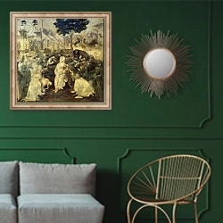 «The Adoration of the Magi, 1481-2» в интерьере классической гостиной с зеленой стеной над диваном