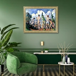 «The Bathers, c.1890-92» в интерьере гостиной в зеленых тонах