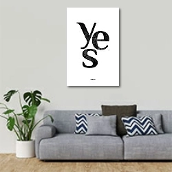 «Yes» в интерьере гостиной в скандинавском стиле с серым диваном