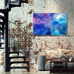 «Синие пятна краски» в интерьере двухярусной гостиной в стиле лофт с кирпичной стеной