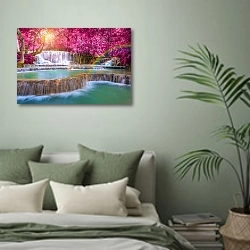 «Тайланд. Tat Kuang Si Waterfalls» в интерьере современной спальни в зеленых тонах