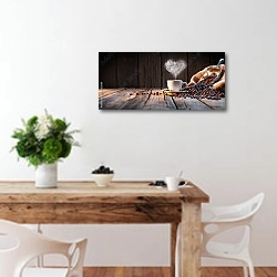 «Панорама с дымящейся чашкой кофе на деревянном полу» в интерьере кухни с деревянным столом