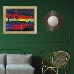 «Закат. 1917» в интерьере классической гостиной с зеленой стеной над диваном