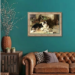 «Motherless: The Shepherd's Pet, 1897» в интерьере гостиной с зеленой стеной над диваном