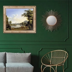 «St. Peter von der Milvischen Brucke aus gesehen» в интерьере классической гостиной с зеленой стеной над диваном