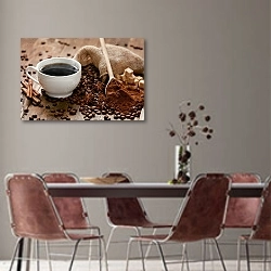 «Чашка кофе и кофейные зерна на столе» в интерьере столовой с серыми стенами