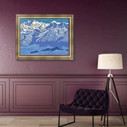 «Весь хребет. Из серии Гималаи» в интерьере гостиной с розовым диваном