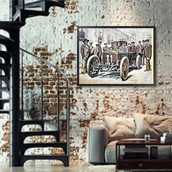 «Автомобили в искусстве 51» в интерьере двухярусной гостиной в стиле лофт с кирпичной стеной