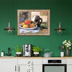 «Натюрморт с яблоками, грушей и          кувшином» в интерьере кухни с зелеными стенами