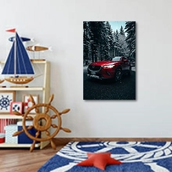 «Красный автомобиль в зимнем лесу» в интерьере детской комнаты для мальчика в морской тематике