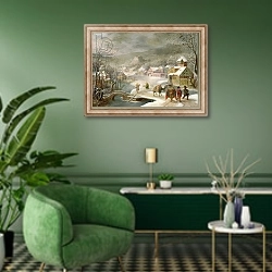 «A Winter Landscape with Travellers on a Path» в интерьере гостиной в зеленых тонах