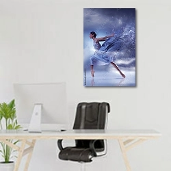 «Красивая балерина танцует в синем длинном платье» в интерьере офиса над рабочим местом