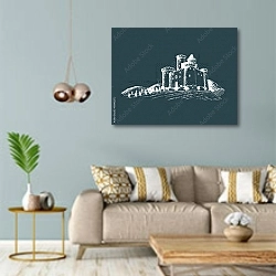 «Эскиз пейзажа с башней среди сельских полей и холмов» в интерьере современной гостиной с голубыми стенами