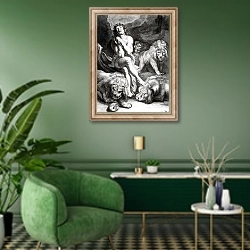 «Daniel in the Lions' Den, engraved by Abraham Blooteling» в интерьере гостиной в зеленых тонах