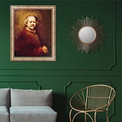 «Self Portrait in at the Age of 63, 1669» в интерьере классической гостиной с зеленой стеной над диваном