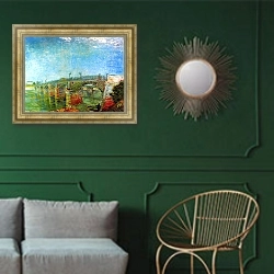 «Мост через Сену в Аньере» в интерьере классической гостиной с зеленой стеной над диваном