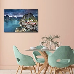 «Вечерние Лофотенские острова. Норвегия» в интерьере современной столовой в пастельных тонах